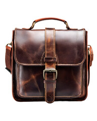 Vintage brown leather messenger bag classic satchel with buckle and strap isolated on white background.