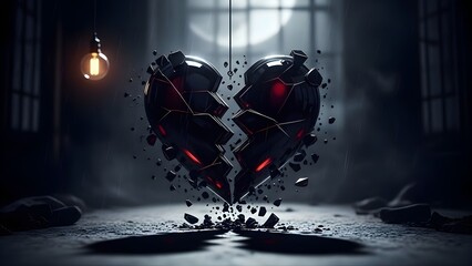 Shattered heart with red glowing cracks in dark room