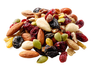 Pile of mixed nuts and dried fruits a healthy snack assortment for energy and nutrition isolated on white background.
