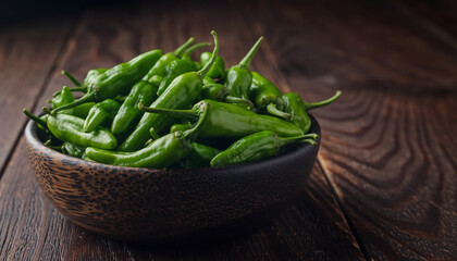 Generated image. Fresh green peppers in a wooden bowl on a dark table during the day