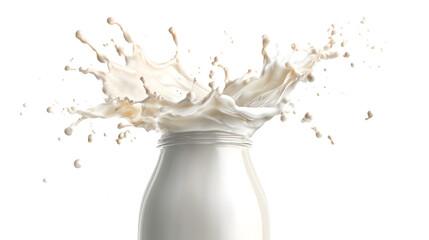 Milk splashing out of a glass bottle dynamic liquid motion captured in high-speed photography isolated on white background.