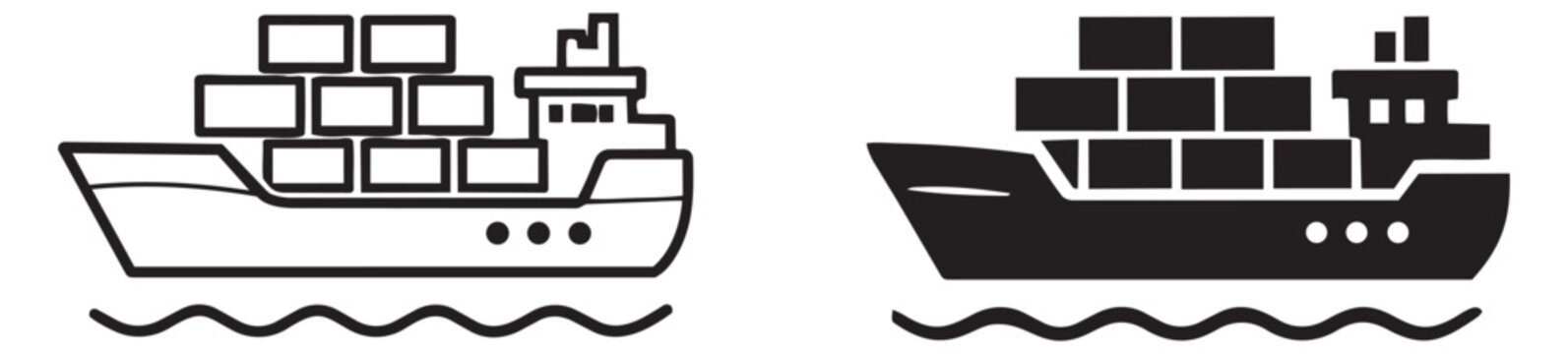 Container ship icon set featuring line art and filled silhouette styles for global logistics and cargo shipping