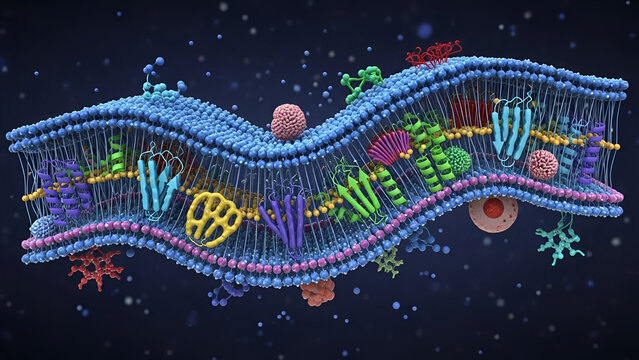 Detailed 3D rendering of a cellular plasma membrane composition displaying the phospholipid bilayer - Powered by Adobe