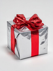 Fototapeta premium A silver wrapped gift box with a red bow on top