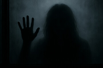 black shadow of a human figure behind foggy glass