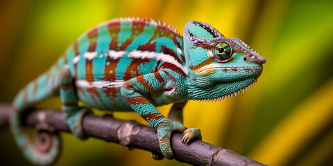 Colorful chameleon on a branch in nature transparent background