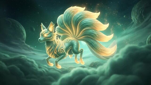 Glowing Nine-Tailed Fox Spirit Floating Among Celestial Clouds.