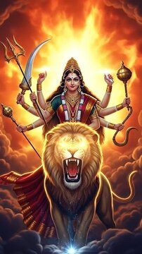 Fiery depiction of Goddess Durga riding a lion with multiple arms and weapons.