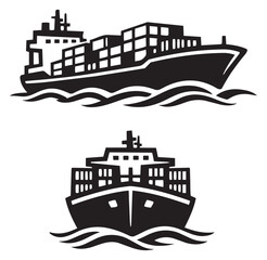 Obraz premium Stylized container ship illustrations set featuring profile and front views for global logistics and freight transportation