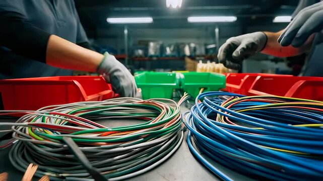 closeup copper wire piles and gloved hands assembling colorcoded cable loops, white assembler organizes coils, connectors and insulation near bins under factory lighting for quality processing