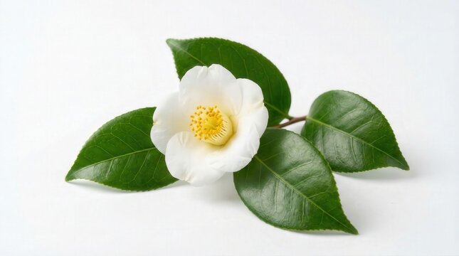 White flower and green Camellia Sinensis leaf isolated on white background with yellow pollen
