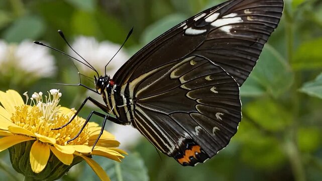 A beautiful dark butterfly with intricate white and orange wing patterns gracefully perches on a vibrant yellow flower, highlighting the delicate beauty of nature and insect life