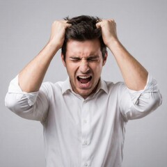 A distressed man expressing frustration in a modern office environment, highlighting emotional turmoil and stress.