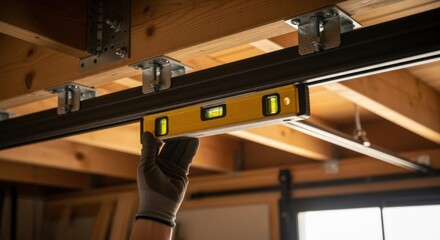 Barndoor track installation viewed from below showing mounting brackets secured to ceiling beams and use of a bubble level for balanced setup.
