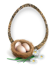 Happy Easter. Isolated design with an oval frame and Easter eggs in a nest.