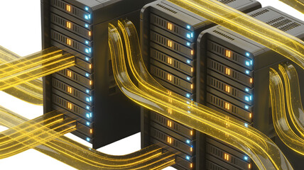 Data Center Servers with Glowing Yellow Energy Streams, Digital Information Flow, Futuristic Network Infrastructure Isolated on Transparent Background