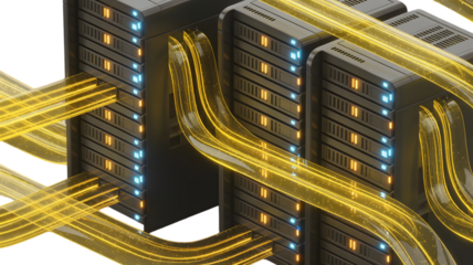 Data Center Servers with Glowing Yellow Energy Streams, Digital Information Flow, Futuristic Network Infrastructure Isolated on Transparent Background