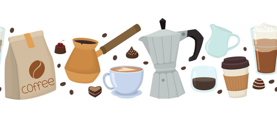 Seamless border with coffee elements. Horizontal pattern with moka pot, cezve, cup, glass, drinks, coffee beans and chocolate candies