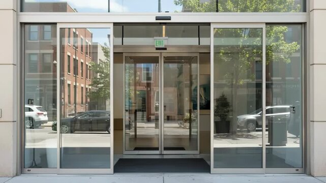 Modern glass automatic sliding doors at a building entrance with city street reflections on a sunny day