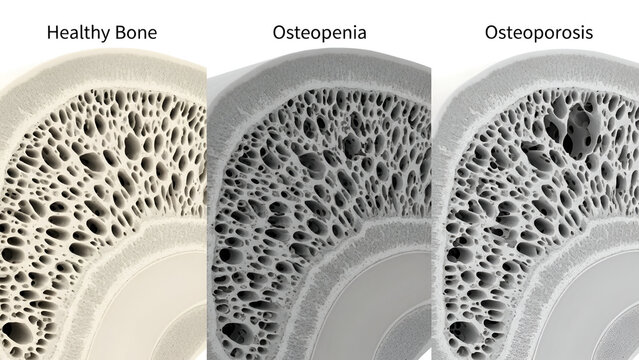 Progression of bone density showcasing healthy, osteopenia and osteoporosis structure comparison