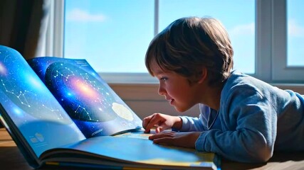 Childly universe adventure, Adolescent examines lively planetary illustrations with curiosity, Young child eagerly studies and explores bright and vivid images of planets and stars using sunlight - Powered by Adobe