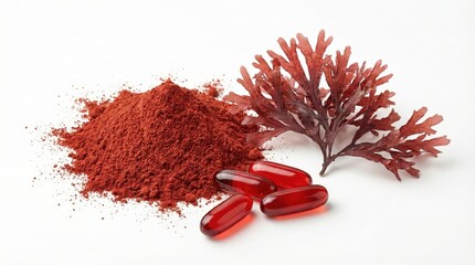 Astaxanthin powder with softgel capsules and red algae seaweed on white background