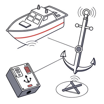 Advanced smart anchor technology for autonomous ships, marine mooring system with automated controls and sensors, vector design.