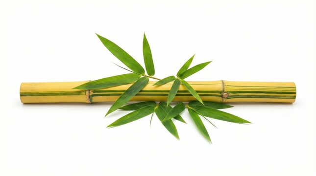 Isolated horizontal golden bamboo stalk with green stripes and fresh Bambusa vulgaris leaf on white background