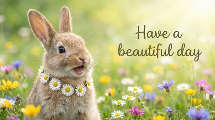Charming bunny enjoying a beautiful day in a vibrant flower field nature photography springtime bliss captured from a close-up perspective promoting joy and positivity