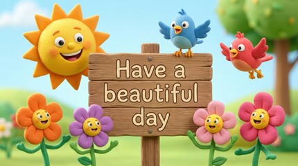 Joyful animated characters celebrate nature outdoor setting digital artwork bright colors playful environment optimistic message for a beautiful day