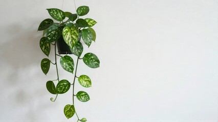 Hanging variegated leaf plant against white wall