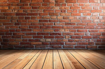A rustic brick wall with wooden flooring, creating a warm and inviting atmosphere for various interior designs.