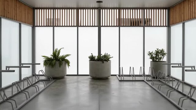 Modern minimalist indoor bicycle parking area with metal racks, large concrete planters, and frosted glass walls