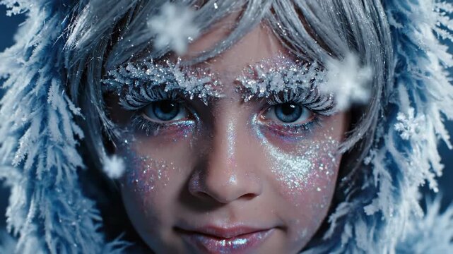 Close-up of young girl with winter fantasy makeup and frosted eyelashes. Child in blue fur hood exhaling cold breath with falling snowflakes. Ice queen concept