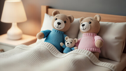 Stuffed teddy bears cozy in bed under blanket at home for Easter  