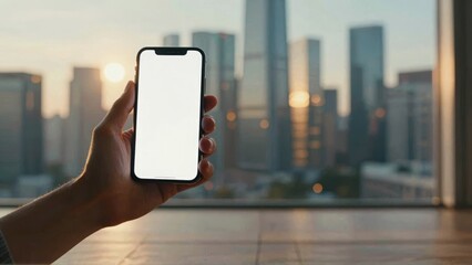 Hand holding smartphone against city skyline at sunset