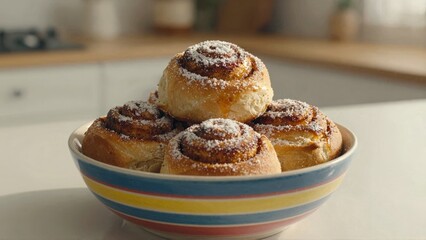 Cinnamon rolls in striped bowl with powdered sugar