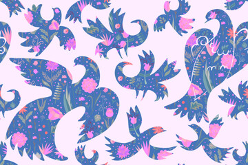 Beautiful seamless pattern with fairytale birds with pink flowers. 