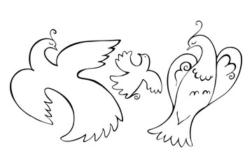 Birds family - mother, father and child. Black and white drawing.