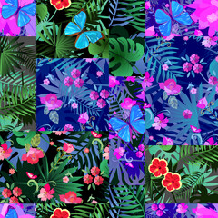 Tropical patchwork pattern with exotic butterflies, leaves and flowers. Seamless design