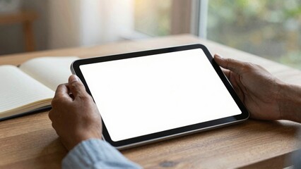 Hands holding tablet with open notebook on wooden desk near window