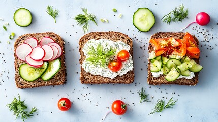 Delicious open faced sandwiches with fresh vegetables on whole grain bread slices