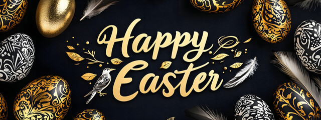 The words "Happy Easter" surround gold and silver Easter eggs with bird feathers on a black background