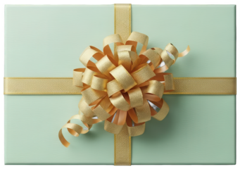 Mint green rectangular gift box decorated with ornate gold ribbon and large bow