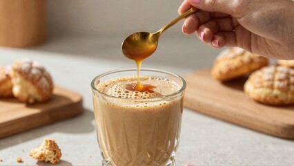 Honey poured into coffee with pastries