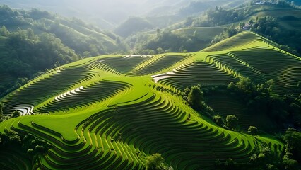 Aerial View of Lush Green Terraced Rice Fields in a Hilly Landscape at Sunrise