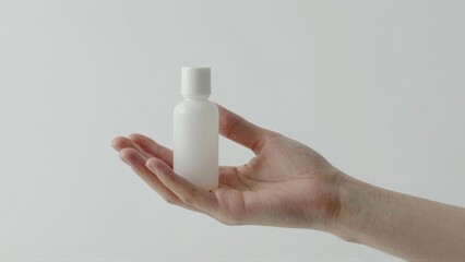 Hand holding white bottle against light background
