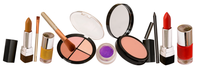 a vibrant collection of makeup essentials including lipsticks, nail polish, eyeshadow palette, and makeup brushes, arranged against a stark transparent background for a professional cosmetic display.