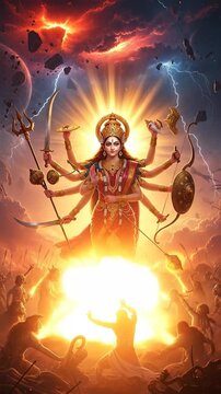 Radiant multi-armed Hindu goddess figure surrounded by devotees.