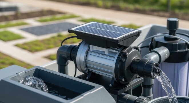 Closeup of solarpowered pumps enhancing greywater recycling system efficiency in a sustainable infrastructure project.